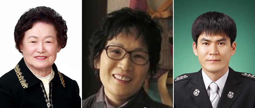 LG의인상 수상자 3인. (왼쪽부터)김도순씨, 곽경희씨, 남기엽 소방위. /LG복지재단